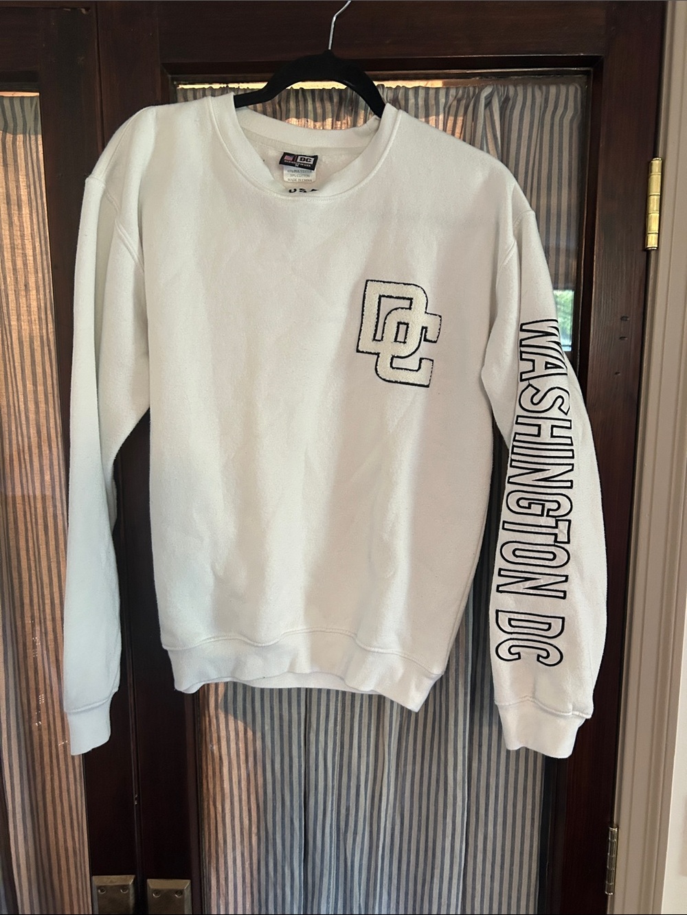 DC White Crewneck Sweatshirt with Black Lettering